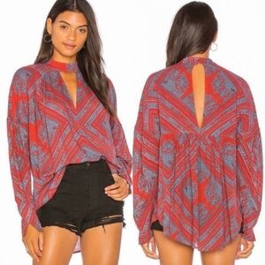 Free People Walking On A Dream Keyhole Long Sleeve Tunic Top Red Blue